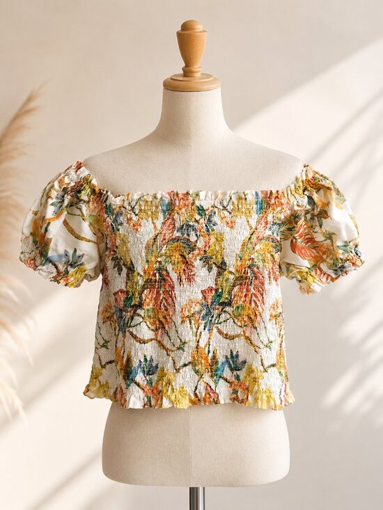 Rose + Olive Tops - Rose + Oliv Floral Smocked Off-Shoulder Crop Top | Size M